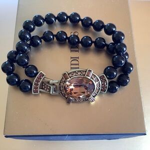 Heidi Daus Art Deco Double Strand Black Beaded Crystal Bracelet Topaz SZ M